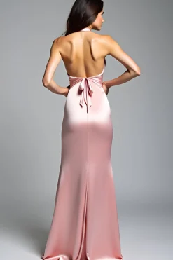 Cetim Rosa Halter Sereia Vestido Formal Longo