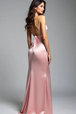 Cetim Rosa Halter Sereia Vestido Formal Longo
