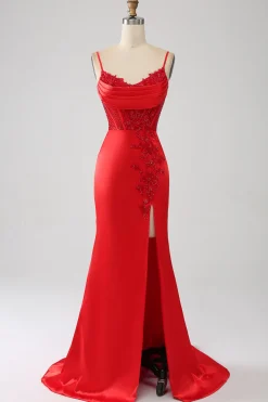 Cetim Sereia Frisado Vestido Vermelho Prom com Fenda