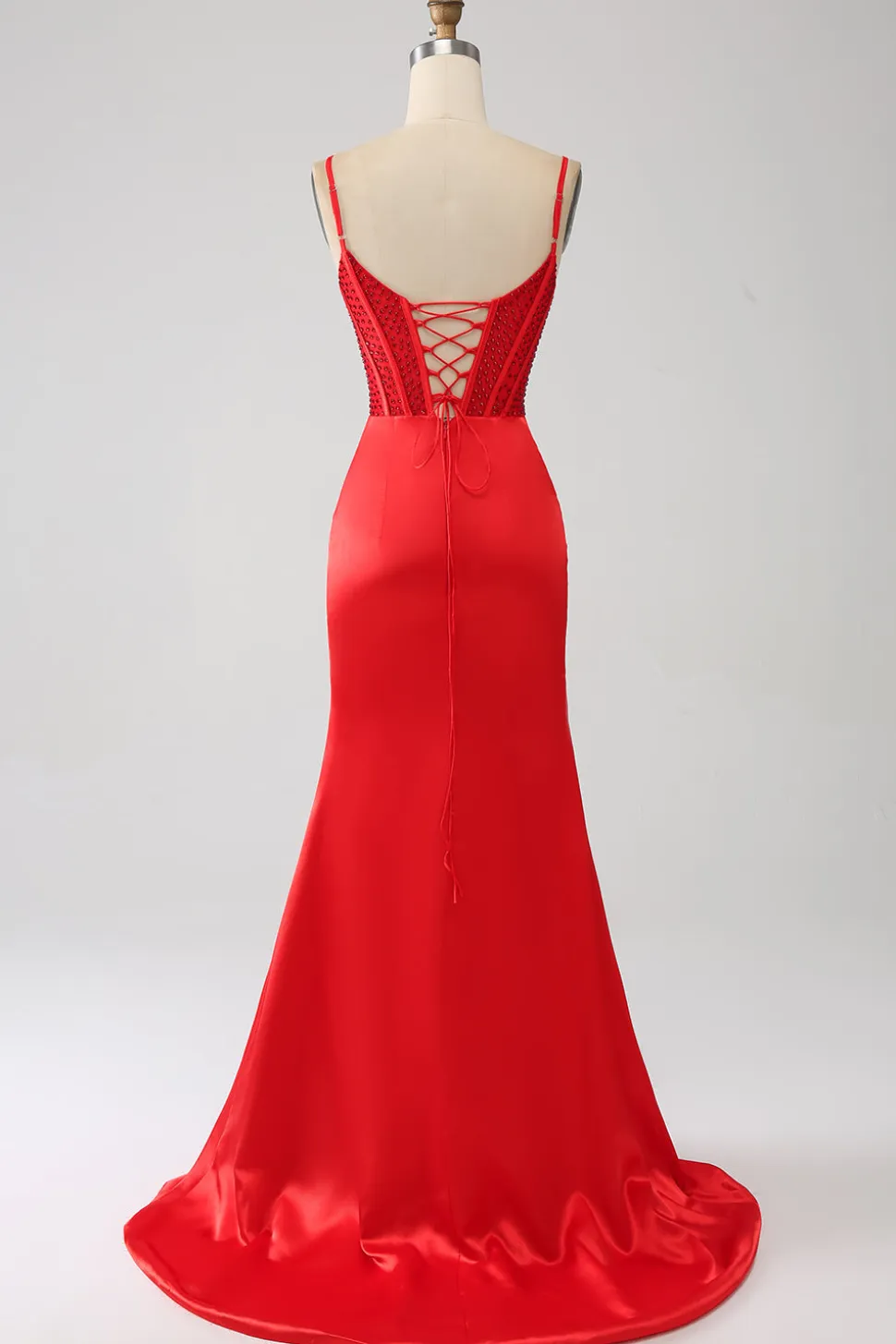 Cetim Sereia Frisado Vestido Vermelho Prom com Fenda