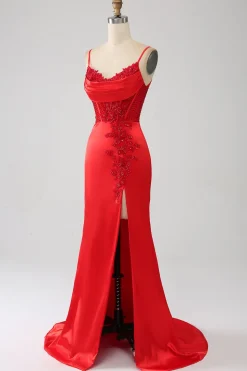 Cetim Sereia Frisado Vestido Vermelho Prom com Fenda