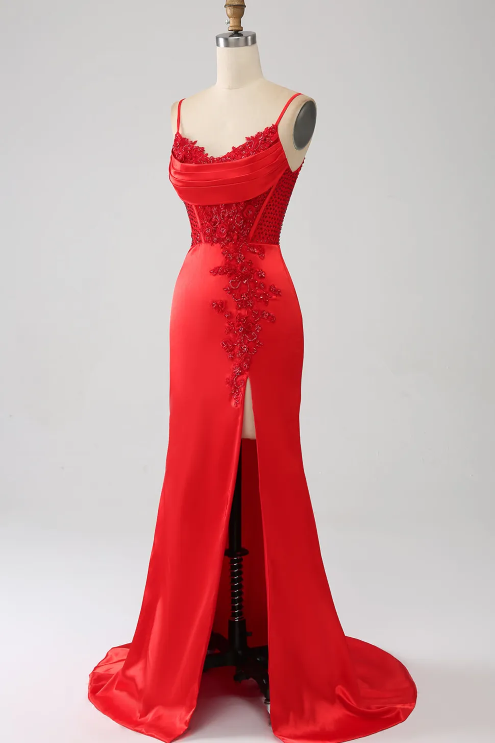 Cetim Sereia Frisado Vestido Vermelho Prom com Fenda
