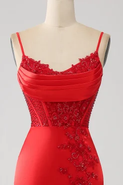 Cetim Sereia Frisado Vestido Vermelho Prom com Fenda