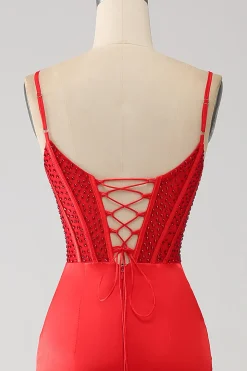 Cetim Sereia Frisado Vestido Vermelho Prom com Fenda