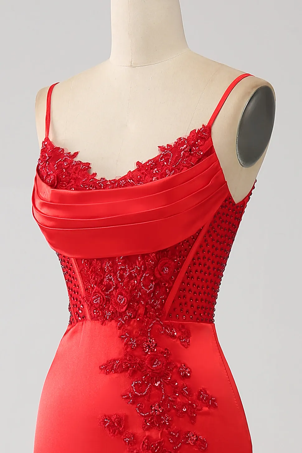 Cetim Sereia Frisado Vestido Vermelho Prom com Fenda