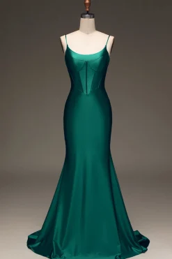 Cetim Sereia Lace-Up Back Dark Green Prom Dress com Espartilho