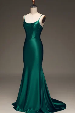 Cetim Sereia Lace-Up Back Dark Green Prom Dress com Espartilho