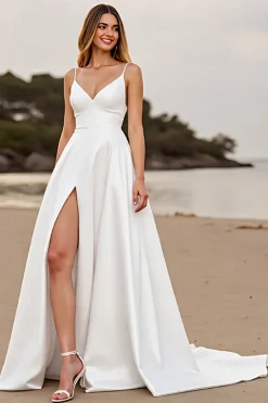 Cetim simples branco um vestido de noiva linha com fenda