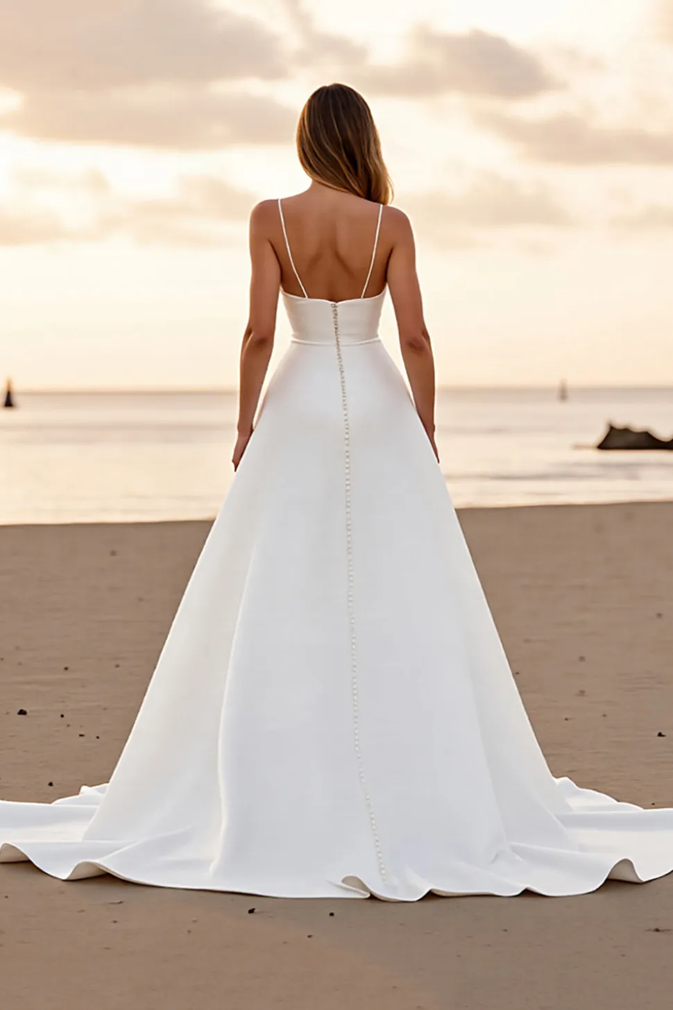 Cetim simples branco um vestido de noiva linha com fenda