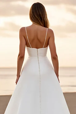 Cetim simples branco um vestido de noiva linha com fenda