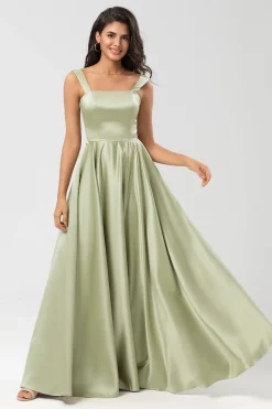 Cetim Uma linha vestido verde dama de honra com bolsos