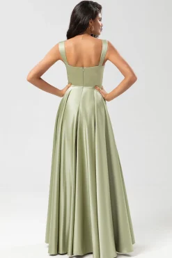 Cetim Uma linha vestido verde dama de honra com bolsos