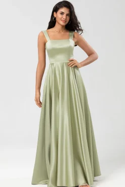 Cetim Uma linha vestido verde dama de honra com bolsos