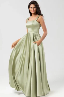 Cetim Uma linha vestido verde dama de honra com bolsos