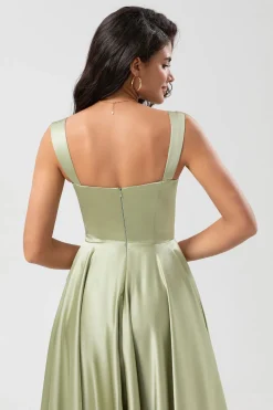Cetim Uma linha vestido verde dama de honra com bolsos