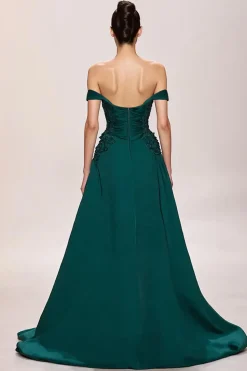 Cetim verde claro uma linha vestido de noite longo com apliques