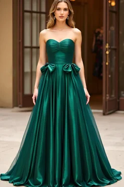 Cetim Verde Escuro Bowknot Sem Alças Um Vestido de Baile de Formatura Linha