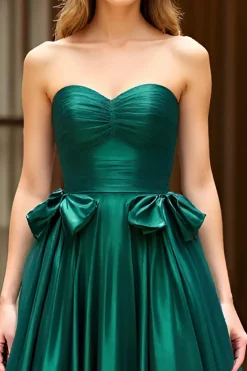 Cetim Verde Escuro Bowknot Sem Alças Um Vestido de Baile de Formatura Linha