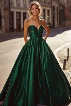 Cetim Verde Escuro Uma Linha Querida Vestido Longo Baile