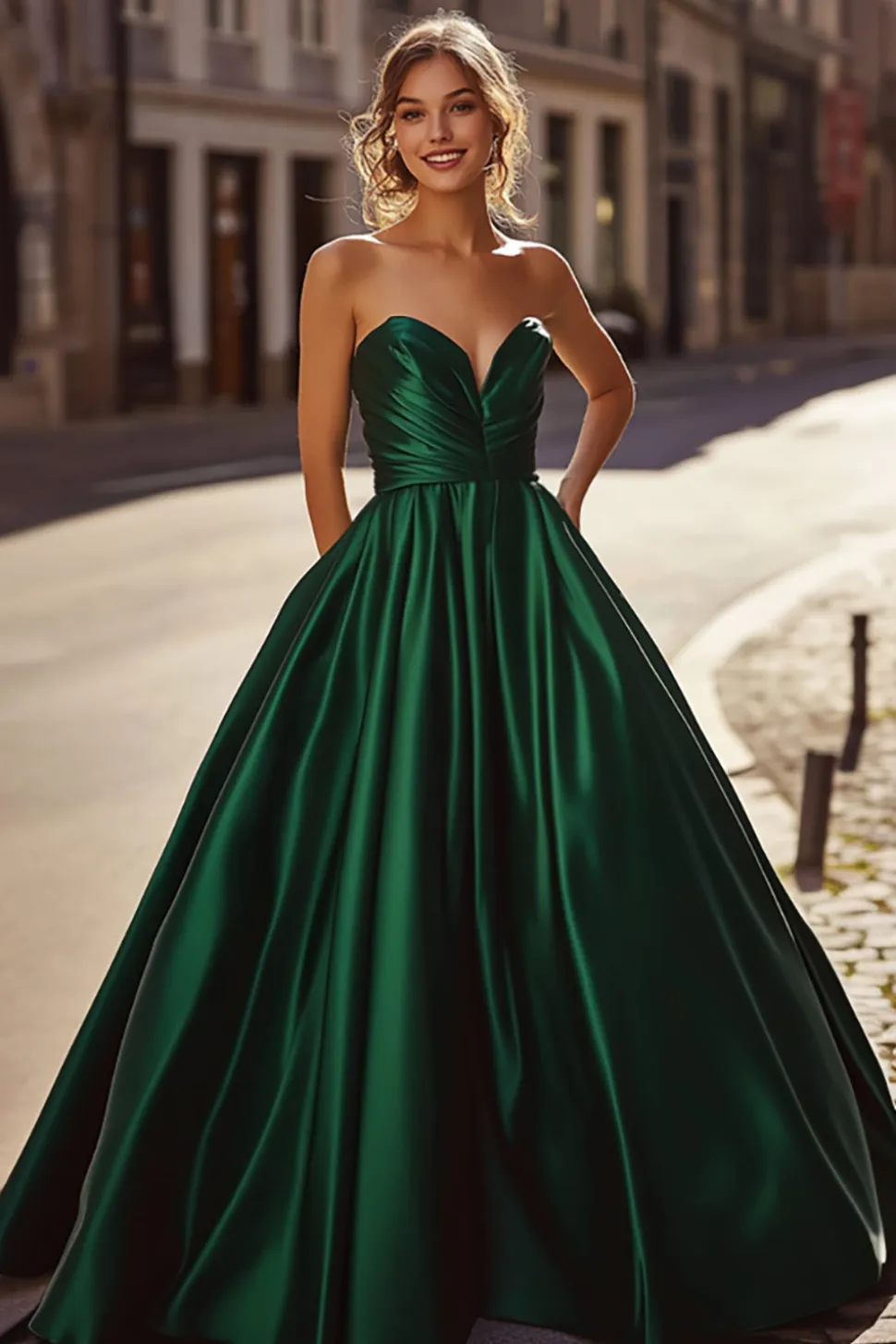 Cetim Verde Escuro Uma Linha Querida Vestido Longo Baile