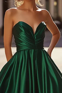 Cetim Verde Escuro Uma Linha Querida Vestido Longo Baile