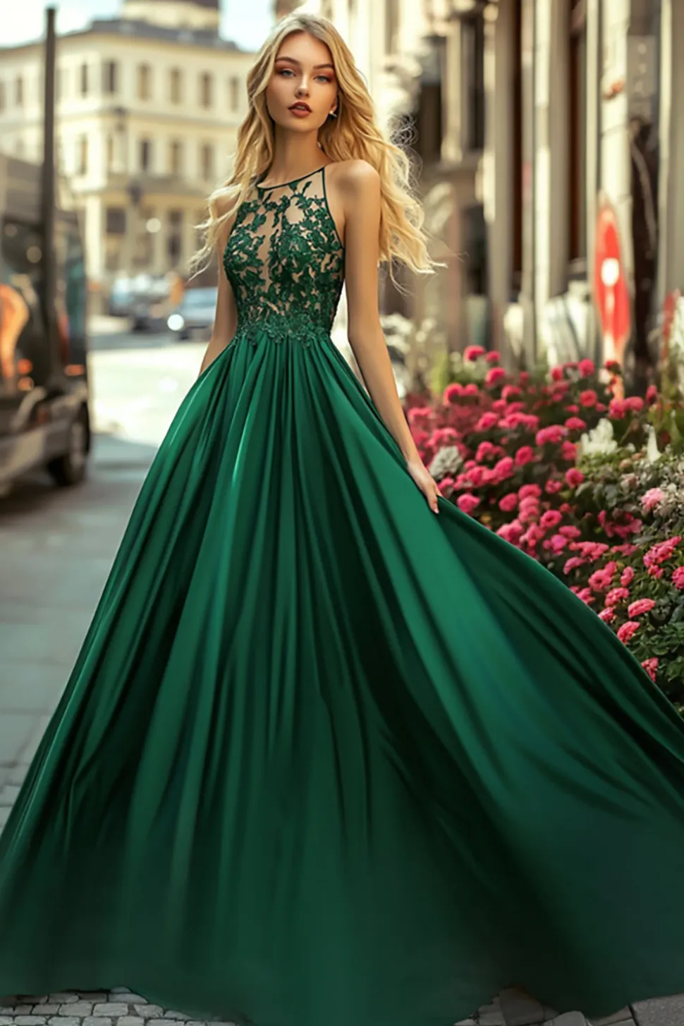 Cetim Verde Escuro Uma Linha Appliqued Long Prom Dress