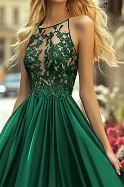 Cetim Verde Escuro Uma Linha Appliqued Long Prom Dress