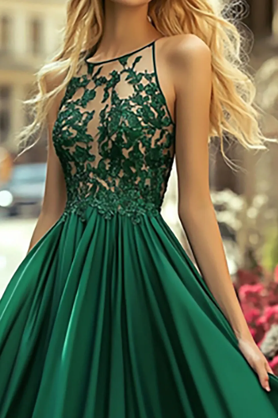 Cetim Verde Escuro Uma Linha Appliqued Long Prom Dress