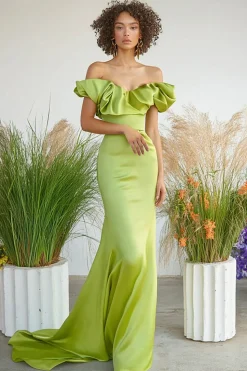 Cetim verde limão fora do ombro sereia longo vestido formal