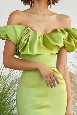 Cetim verde limão fora do ombro sereia longo vestido formal