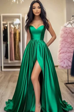 Cetim Verde Querida A-Line Long Prom Dress com Fenda