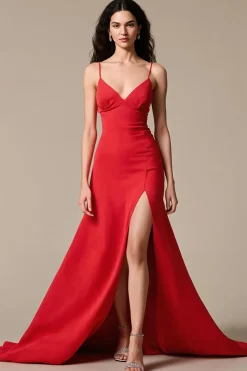 Cetim vermelho A-Line espaguete correias longo vestido de noite com fenda