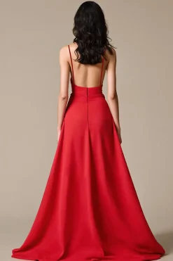 Cetim vermelho A-Line espaguete correias longo vestido de noite com fenda