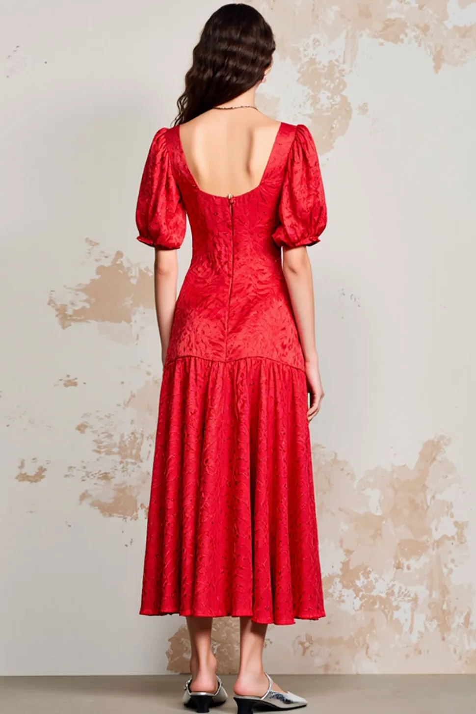 Cetim Vermelho Pescoço Quadrado Longo Vestido De Noiva Convidado