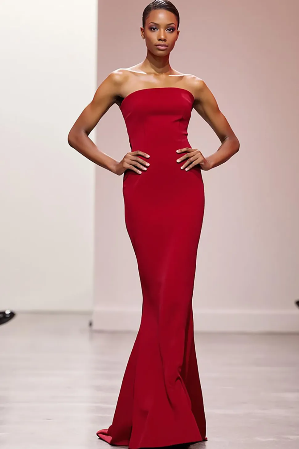 Cetim vermelho simples sereia sem alças vestido de noite longo