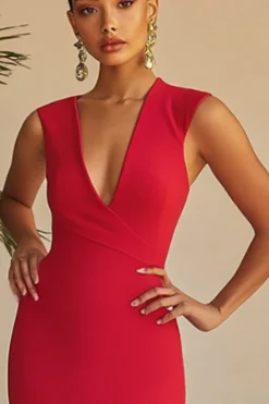 Cetim vermelho V-neck mangas vestido formal