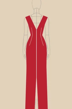 Cetim vermelho V-neck mangas vestido formal