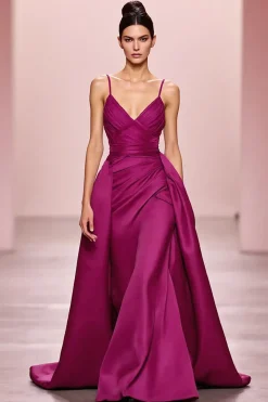 Cetima Ameixa Uma Linha Ruched Esparguete Correias Longo Vestido de Noite