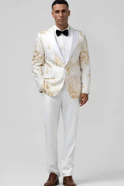 Champagne 2 Piece Pico Lapela Um Botão Jacquard Masculino Prom Suits