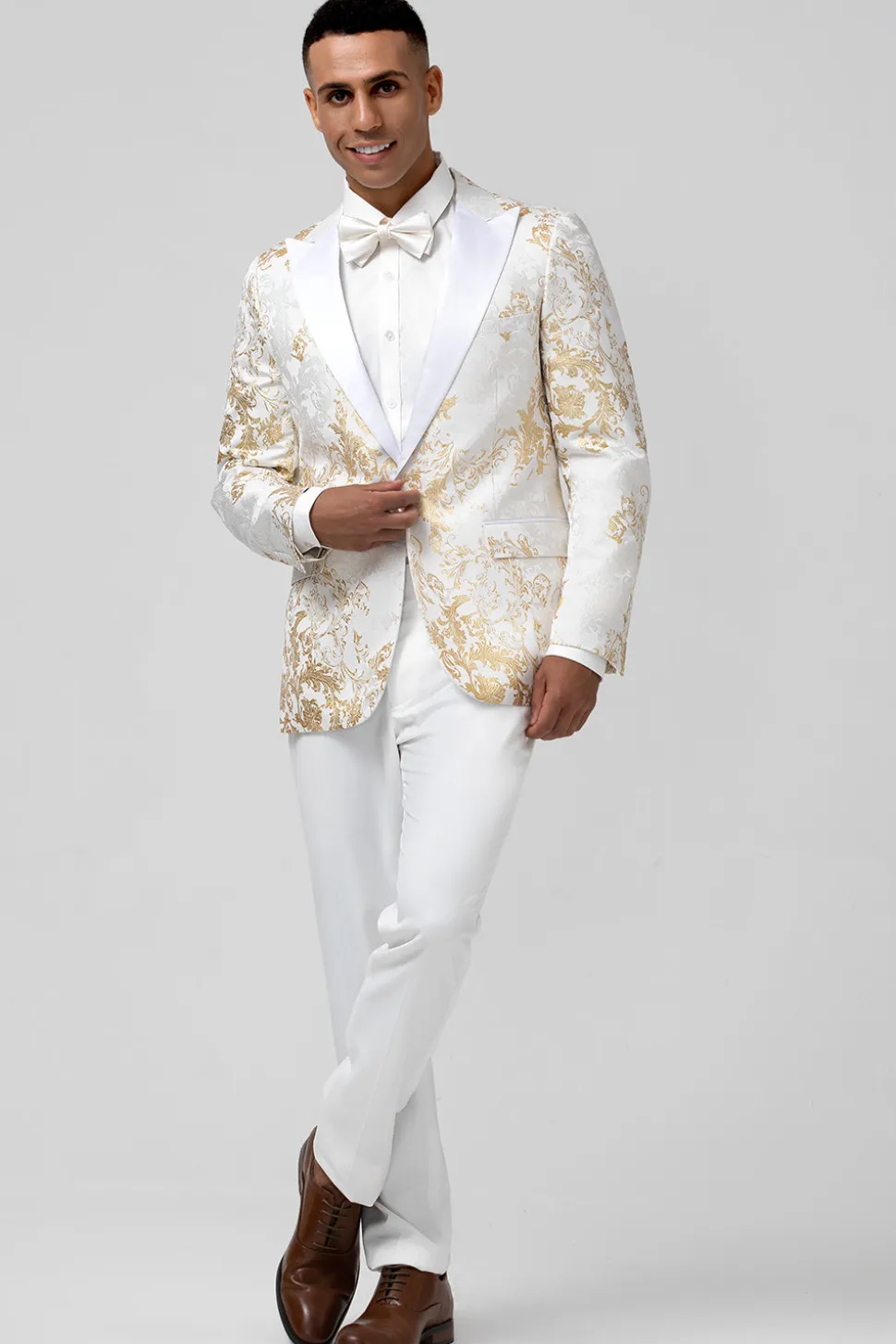 Champagne 2 Piece Pico Lapela Um Botão Jacquard Masculino Prom Suits