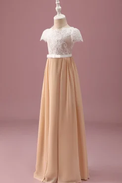 Champagne A Line Lace Junior Vestido Madrinha Com Mangas Curtas