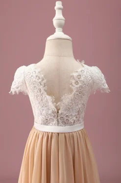 Champagne A Line Lace Junior Vestido Madrinha Com Mangas Curtas