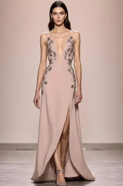 Champagne A Line Long Satin Vestido de Noite Com Fenda