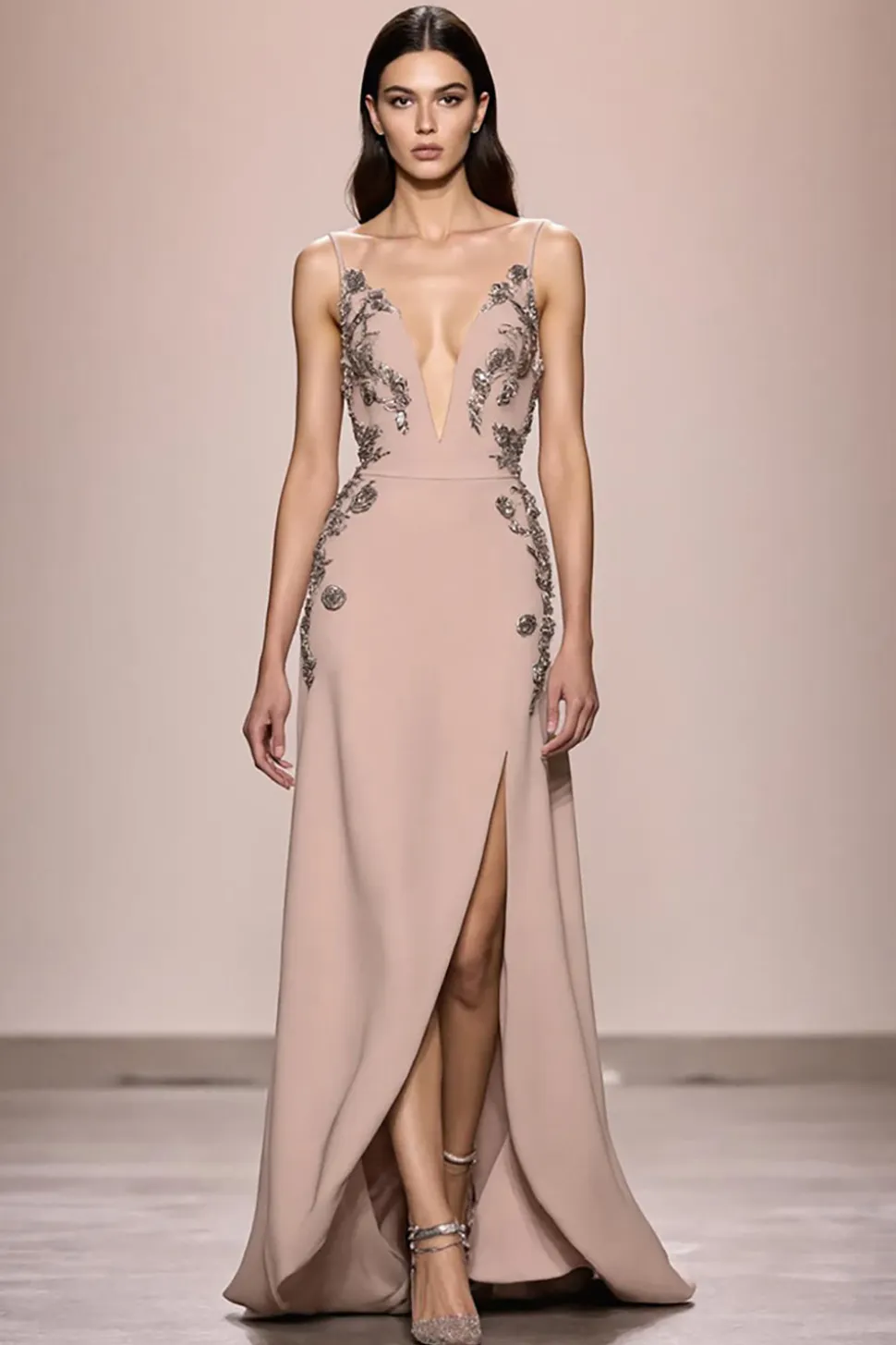 Champagne A Line Long Satin Vestido de Noite Com Fenda