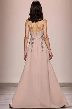 Champagne A Line Long Satin Vestido de Noite Com Fenda