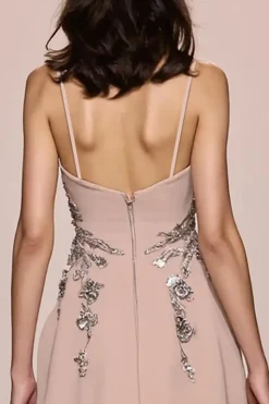 Champagne A Line Long Satin Vestido de Noite Com Fenda