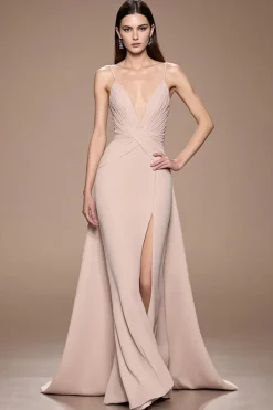Champagne A Line Satin Ruched Maxi Vestido de Noite com Fenda