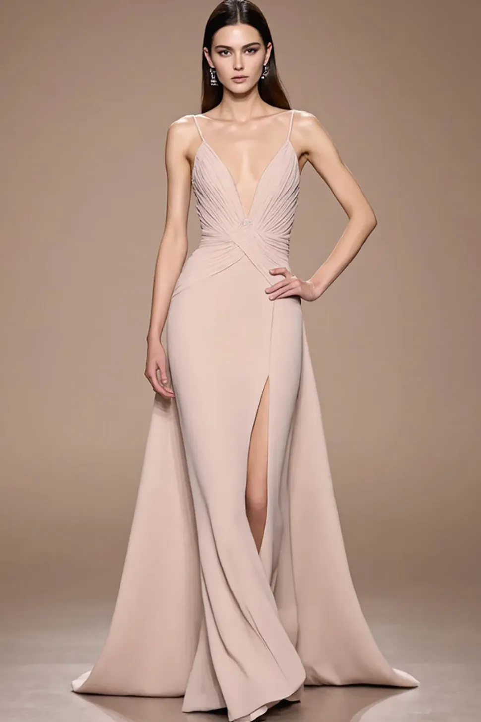 Champagne A Line Satin Ruched Maxi Vestido de Noite com Fenda