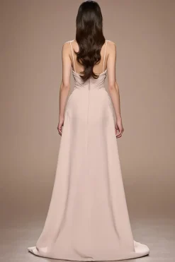 Champagne A Line Satin Ruched Maxi Vestido de Noite com Fenda
