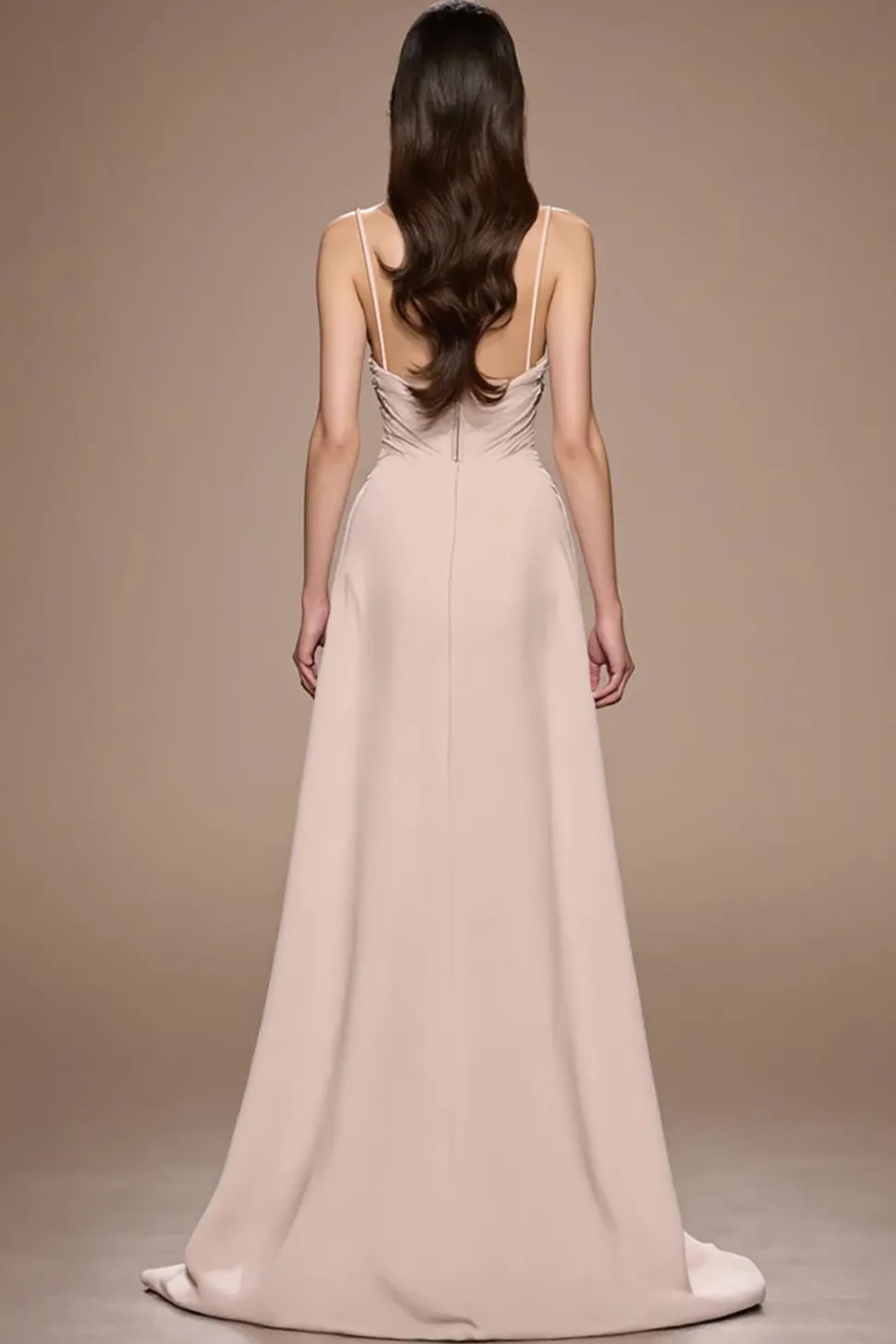 Champagne A Line Satin Ruched Maxi Vestido de Noite com Fenda
